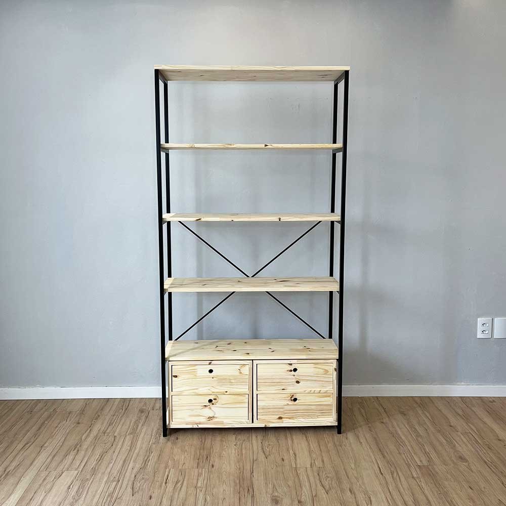 02 estante style de ferro e madeira ample 6 prateleiras com 2 gaveteiros industrial natural e preto