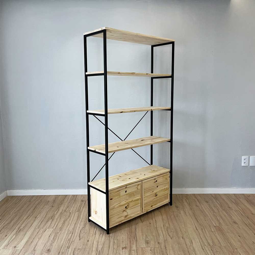 03 estante style de ferro e madeira ample 6 prateleiras com 2 gaveteiros industrial natural e preto