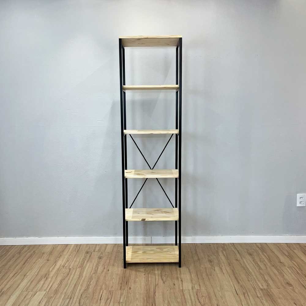 05 estante style de ferro e madeira slim 6 prateleiras industrial natural e preto