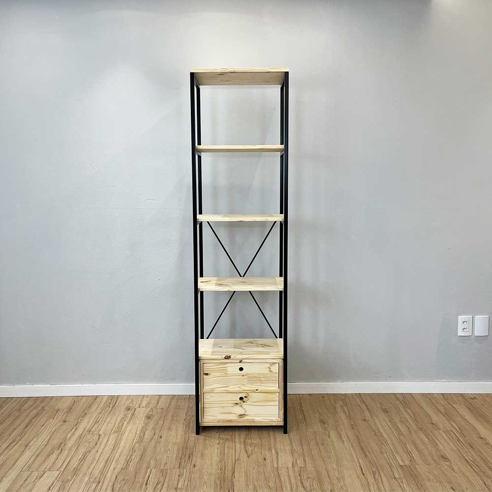02 estante style de ferro e madeira slim 6 prateleiras industrial com 1 gaveteiro natural e preto