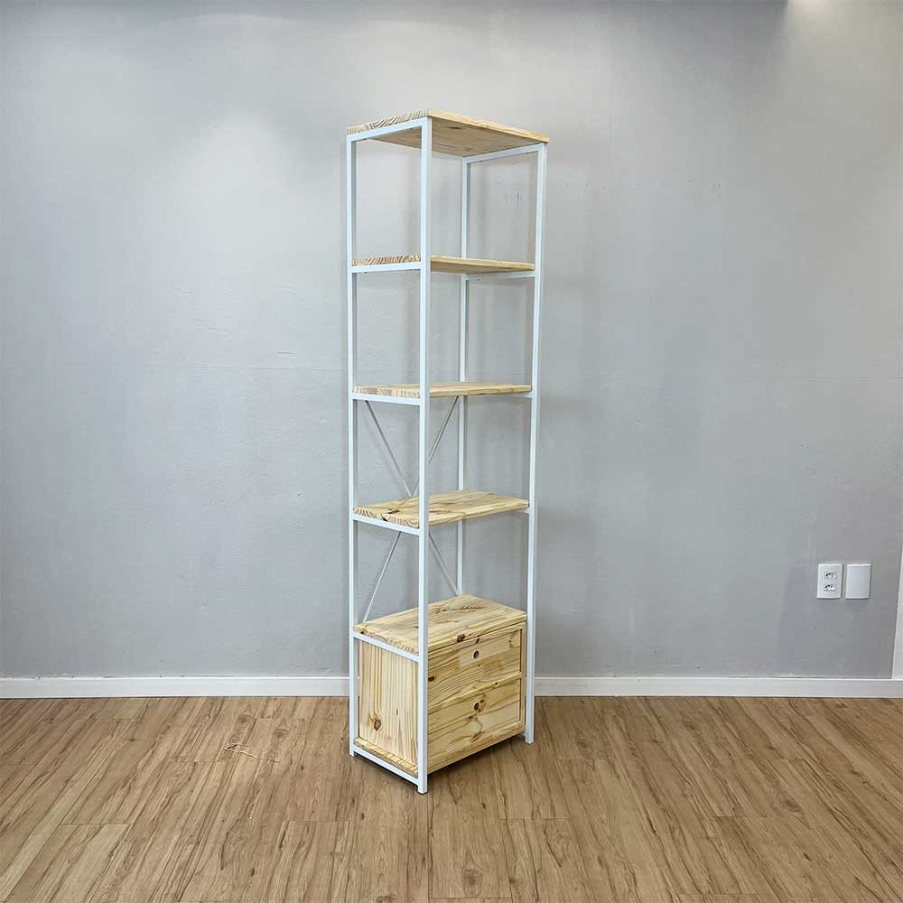 03 estante style de ferro e madeira slim 6 prateleiras industrial com 1 gaveteiro natural e branco