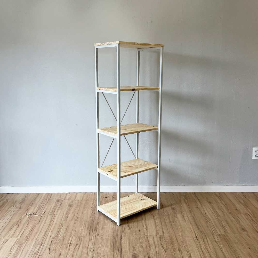 estante style de ferro e madeira slim 5 prateleiras industrial natural e branco3