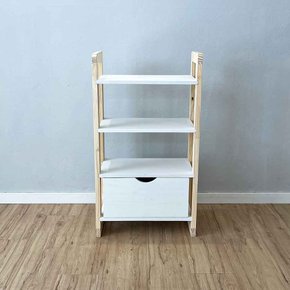 02 aparador de madeira pinus linea de 4 prateleiras slim com gaveta branco e natural