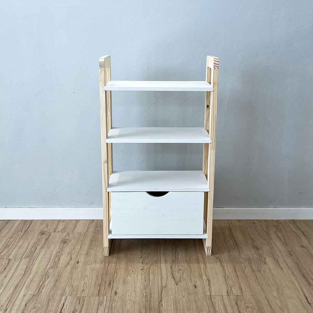 02 aparador de madeira pinus linea de 4 prateleiras slim com gaveta branco e natural
