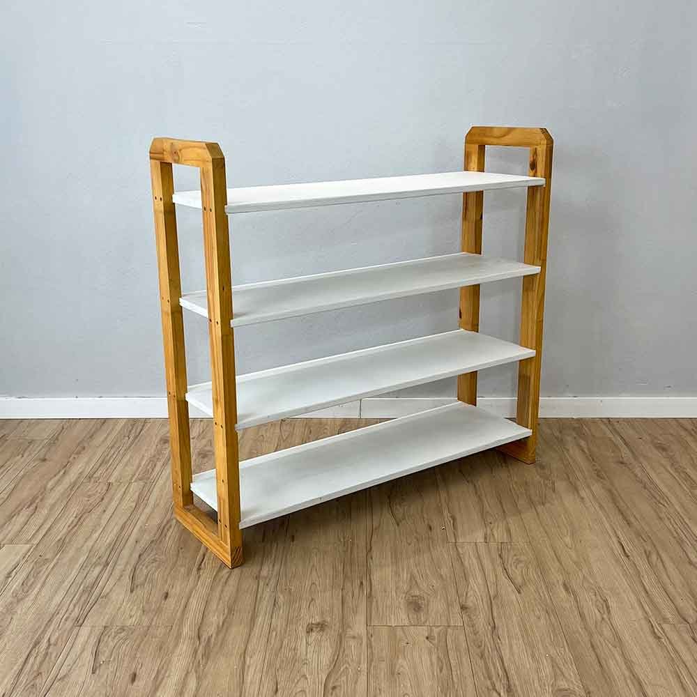 03 aparador de madeira pinus linea de 4 prateleiras ample branco e nozes