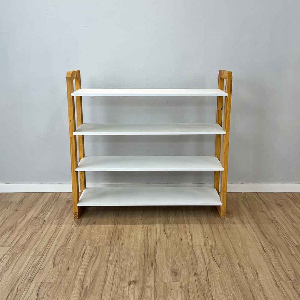 04 aparador de madeira pinus linea de 4 prateleiras ample branco e nozes