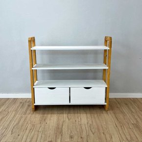 02 aparador de madeira pinus linea de 4 prateleiras ample com 2 gavetas branco e nozes