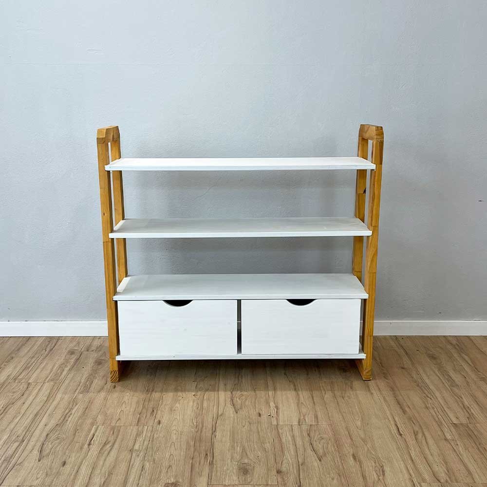 02 aparador de madeira pinus linea de 4 prateleiras ample com 2 gavetas branco e nozes