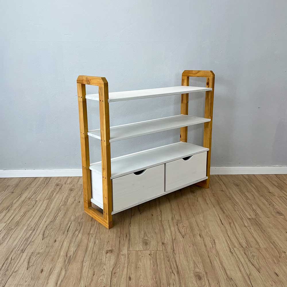 04 aparador de madeira pinus linea de 4 prateleiras ample com 2 gavetas branco e nozes