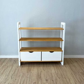 02 aparador de madeira pinus linea de 4 prateleiras ample com 2 gavetas nozes e branco