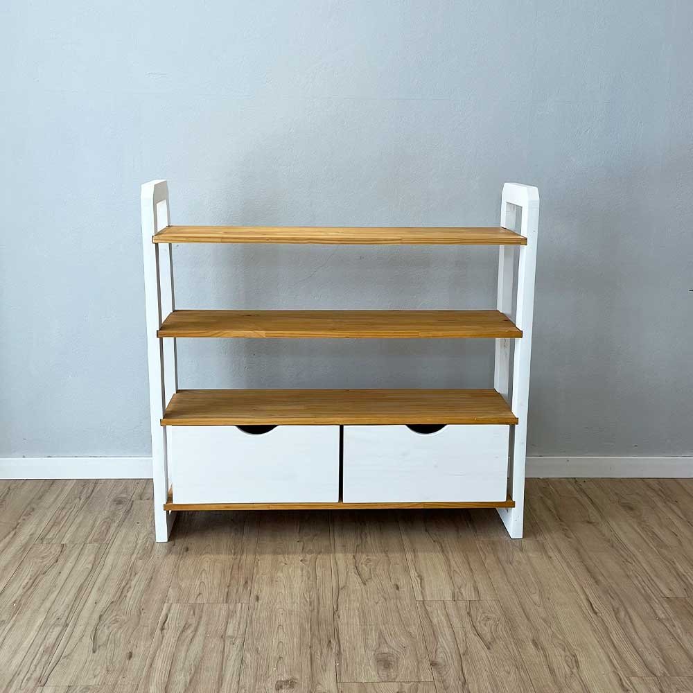 02 aparador de madeira pinus linea de 4 prateleiras ample com 2 gavetas nozes e branco