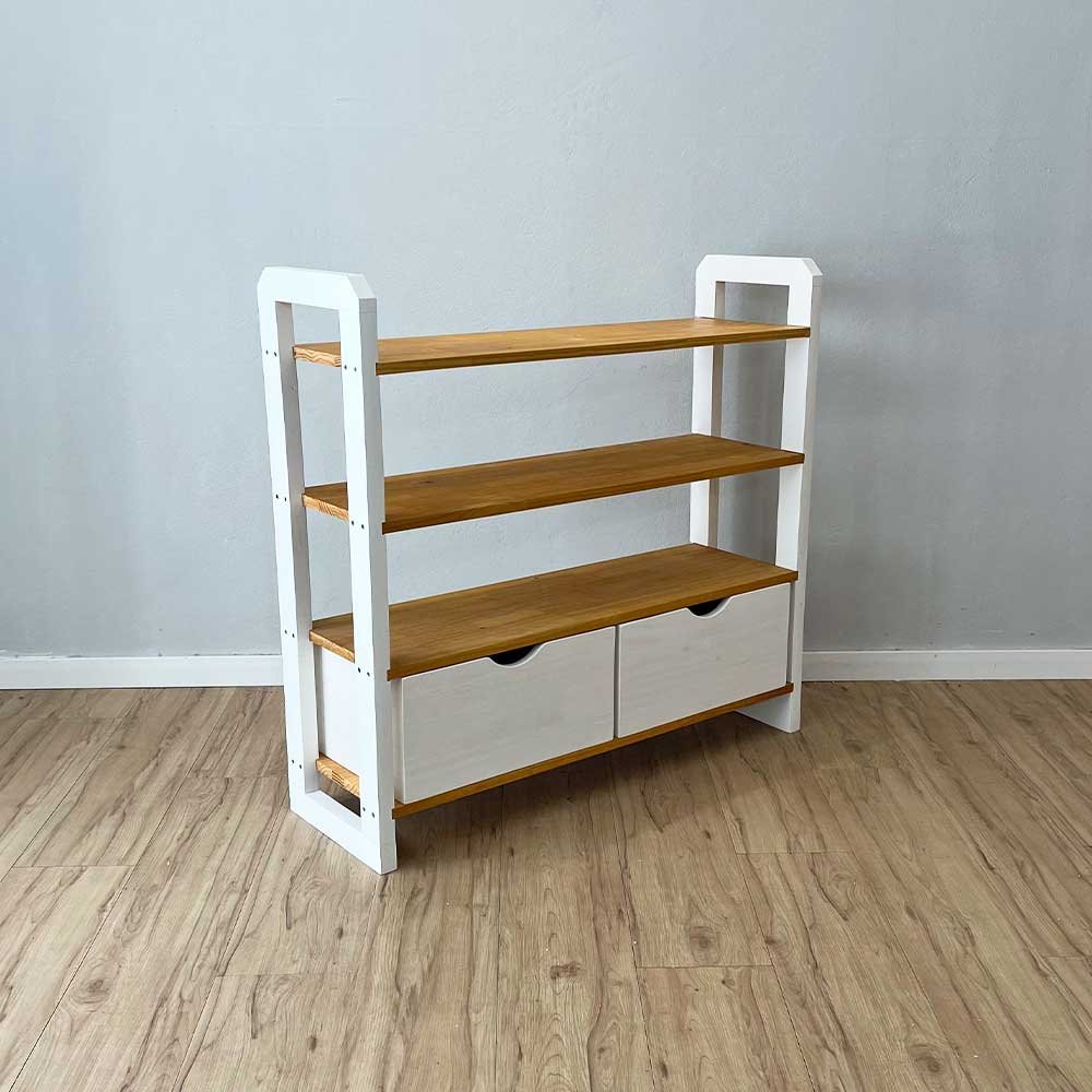 03 aparador de madeira pinus linea de 4 prateleiras ample com 2 gavetas nozes e branco