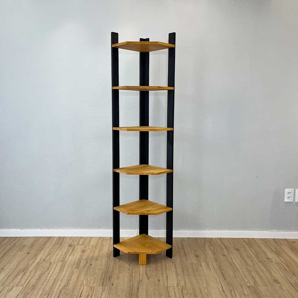 estante de canto para chao de madeira pinus 6 prateleiras linea nozes e preto6