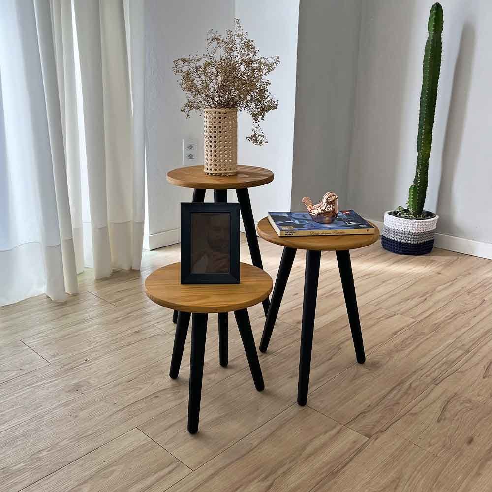 trio mesas lateral redondas com pe palito de madeira nozes e preto