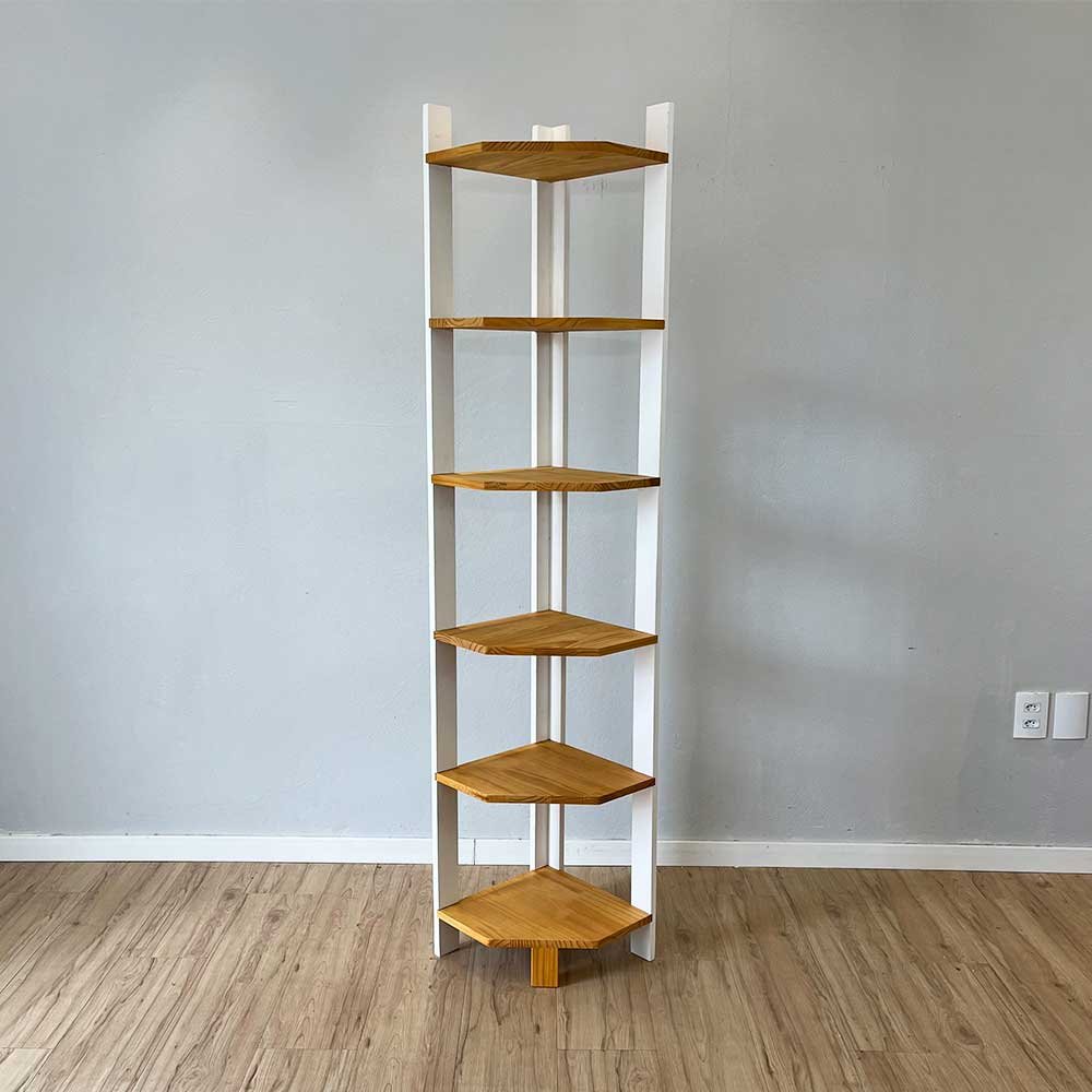 estante de canto para chao de madeira pinus 6 prateleiras linea nozes e branco5