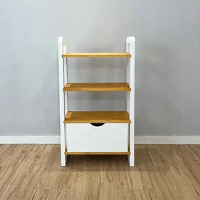 07 aparador de madeira pinus linea de 4 prateleiras slim com gaveta nozes e branco