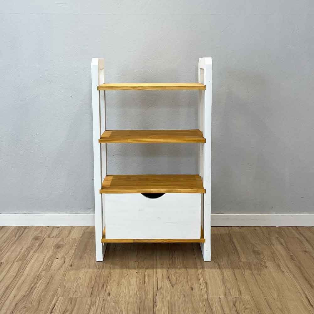07 aparador de madeira pinus linea de 4 prateleiras slim com gaveta nozes e branco