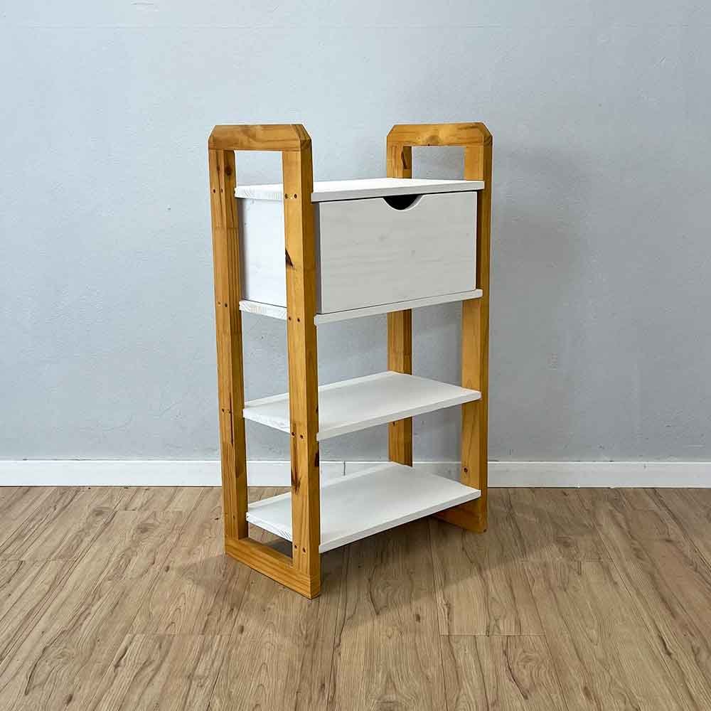 04 aparador de madeira pinus linea de 4 prateleiras slim com gaveta branco e nozes