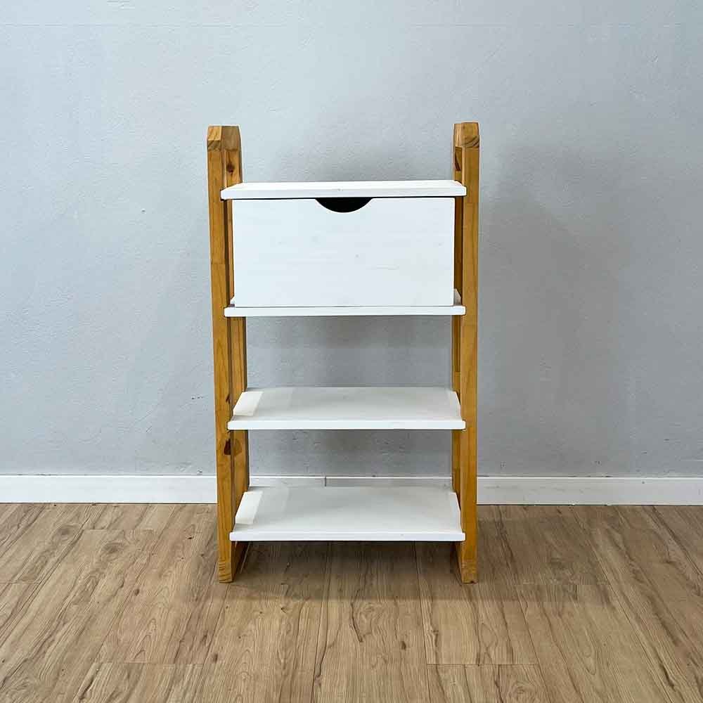 05 aparador de madeira pinus linea de 4 prateleiras slim com gaveta branco e nozes