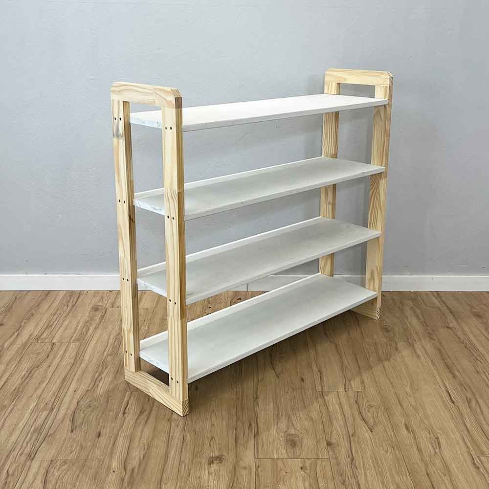 04 aparador de madeira pinus linea de 4 prateleiras ample branco e natural
