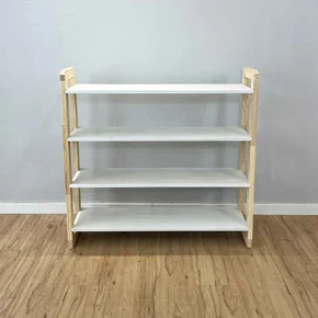 aparador de madeira pinus linea de 4 prateleiras ample branco e natural frontal