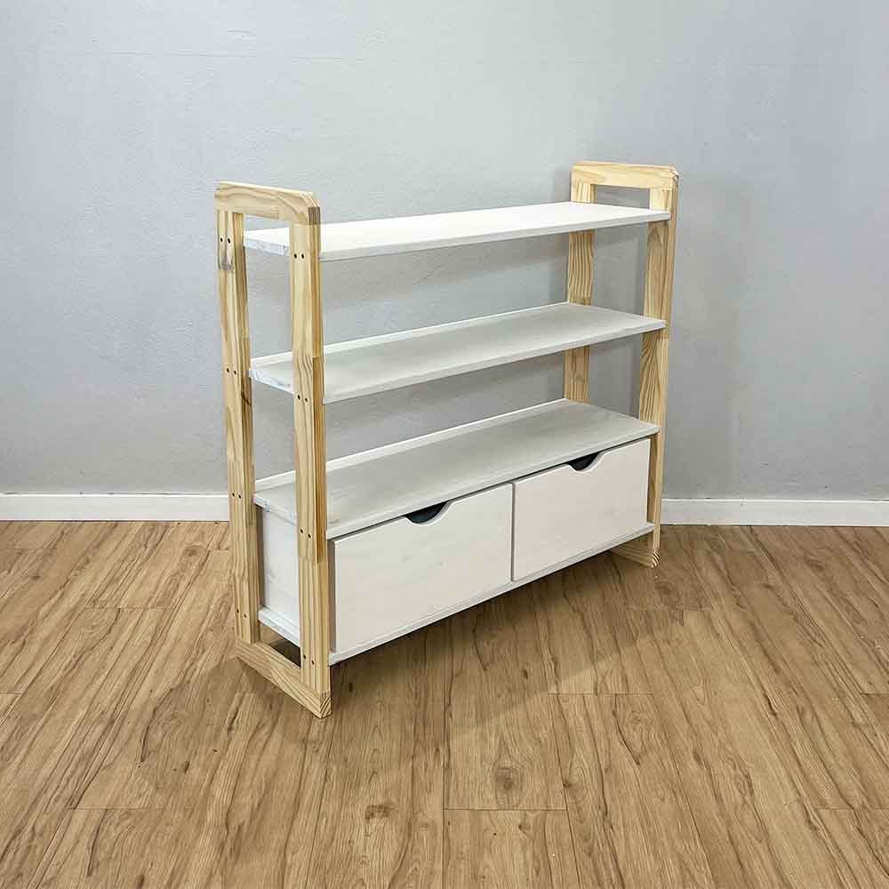 05 aparador de madeira pinus linea de 4 prateleiras ample com 2 gavetas branco e natural