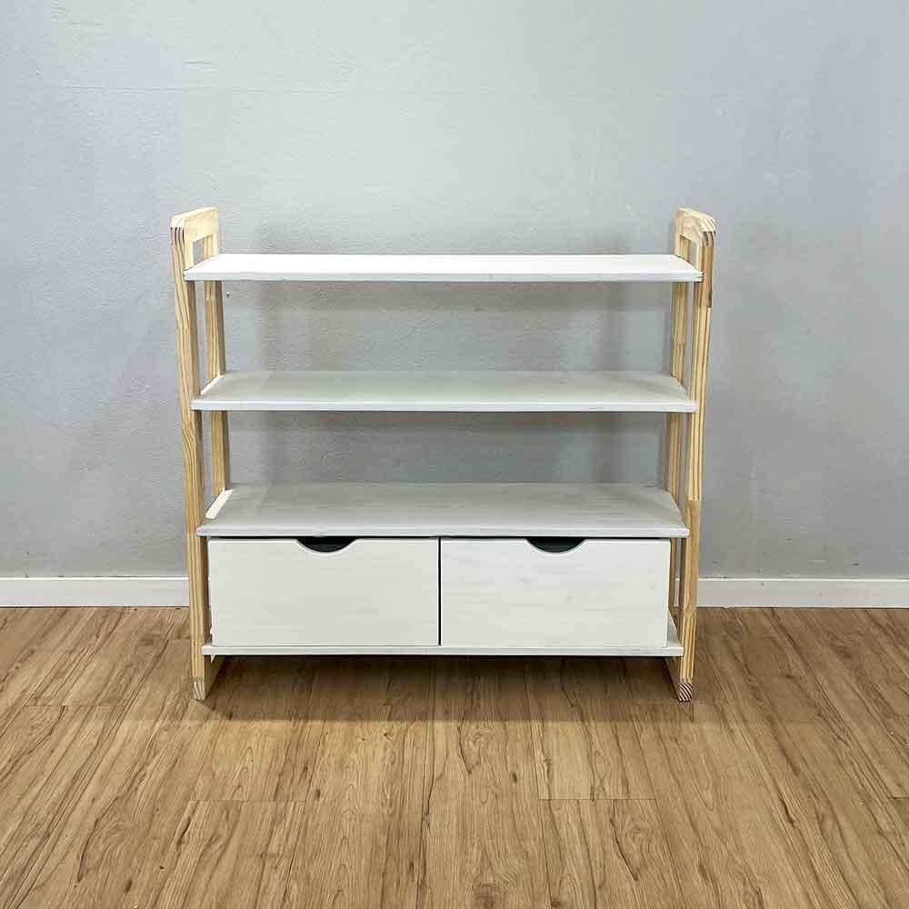 06 aparador de madeira pinus linea de 4 prateleiras ample com 2 gavetas branco e natural