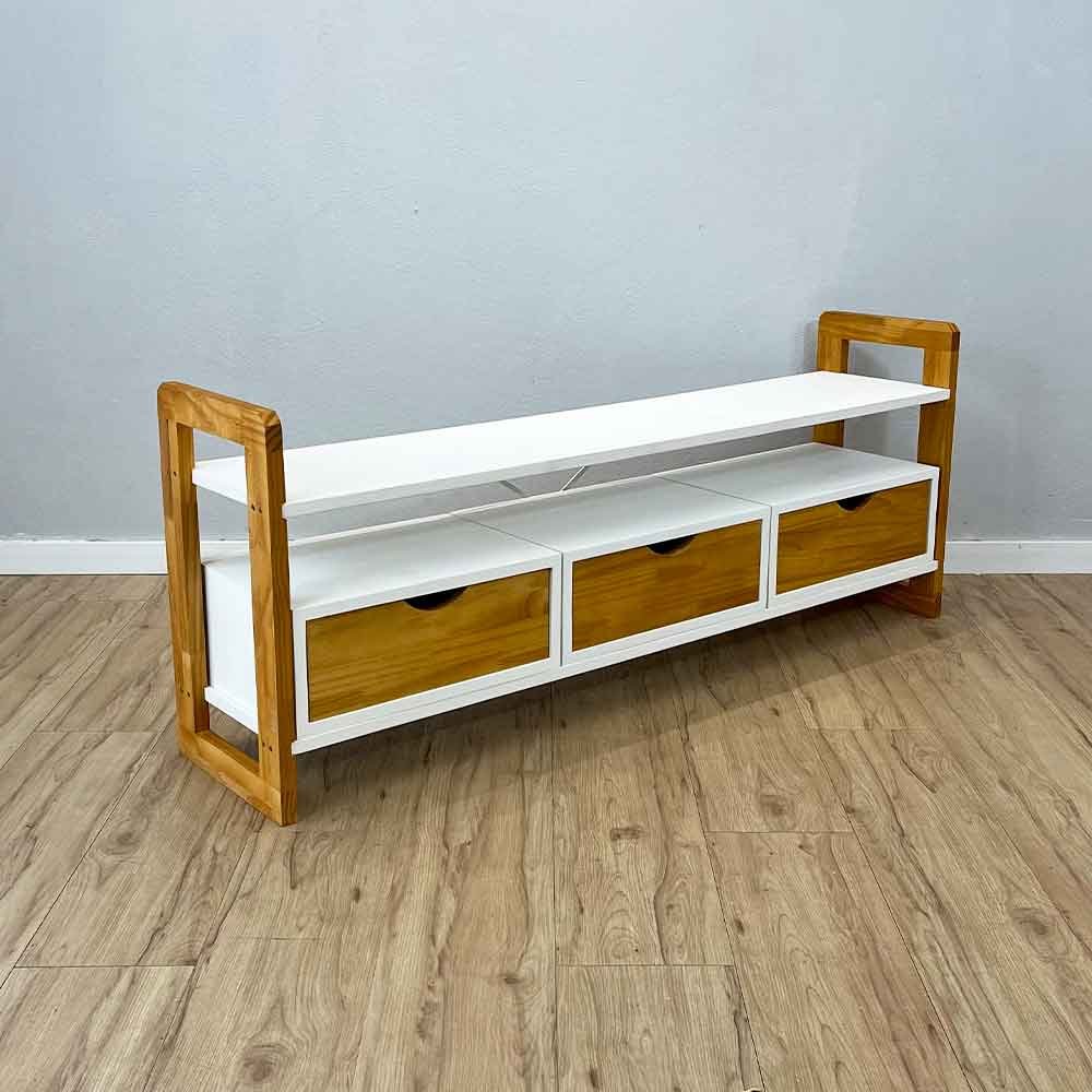11 rack de tv de madeira pinus linea com 3 gavetas branco e nozes