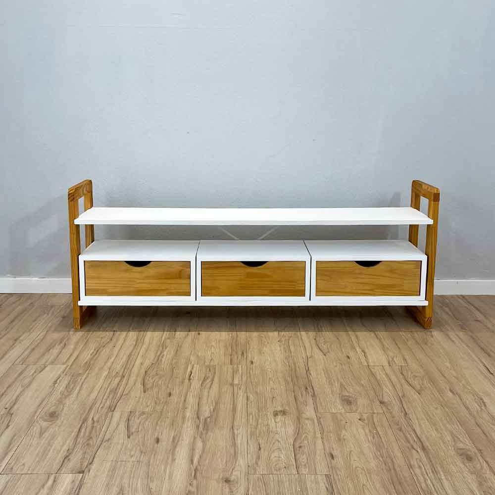 12 rack de tv de madeira pinus linea com 3 gavetas branco e nozes