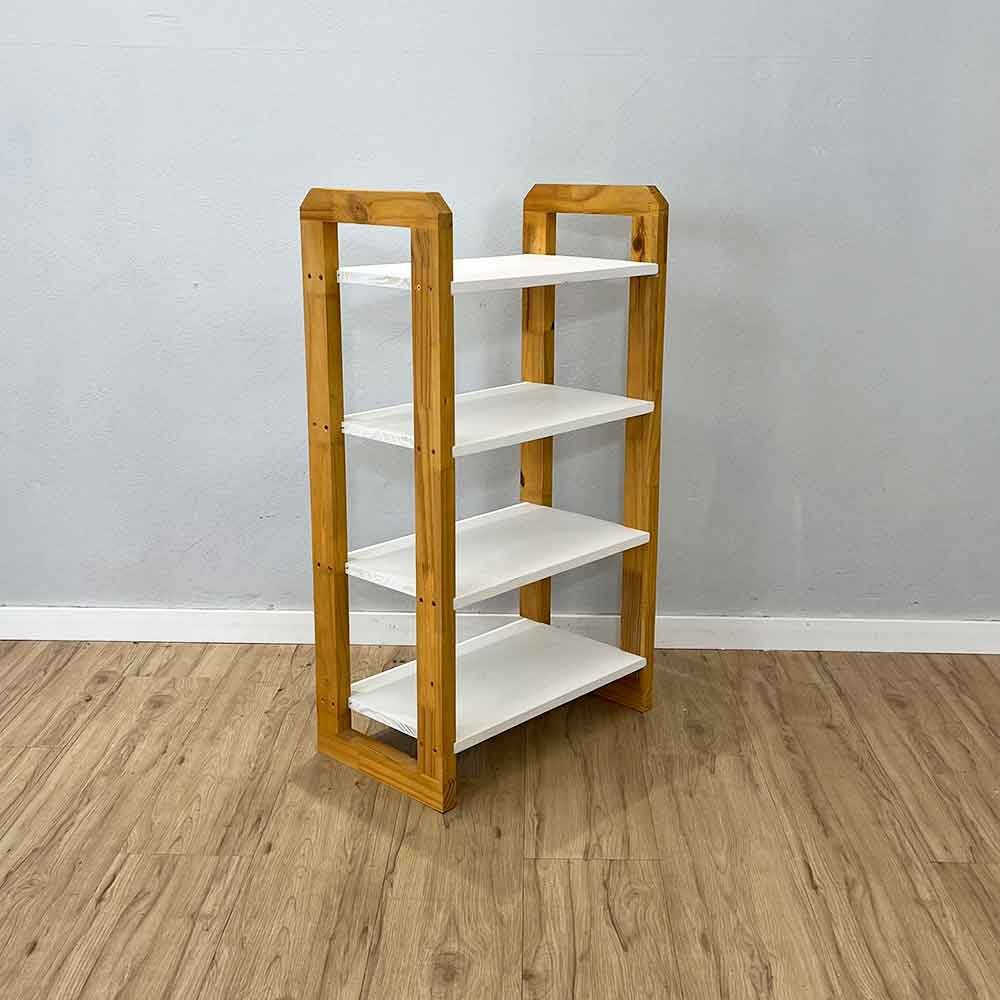 05 aparador de madeira pinus linea de 4 prateleiras slim branco e nozes