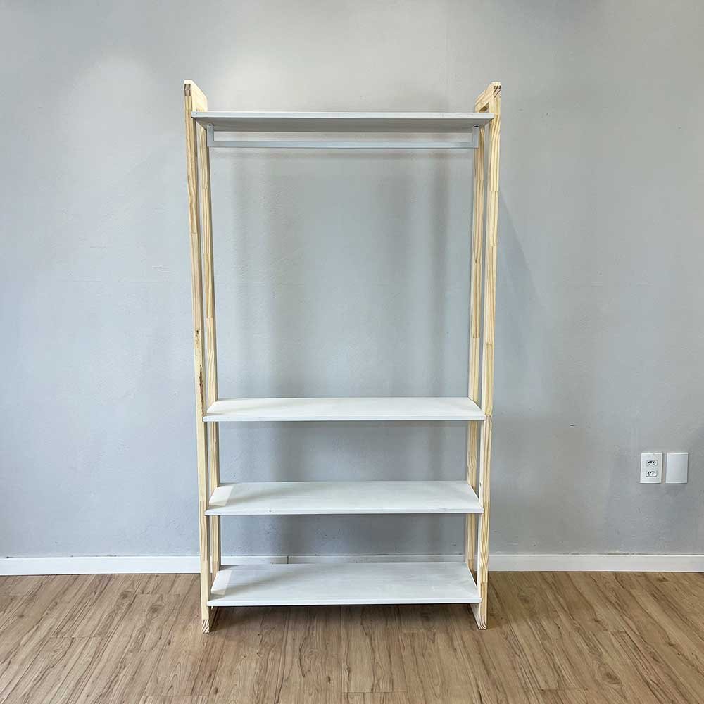 12 arara de roupas de madeira pinus linea ample branco e natural