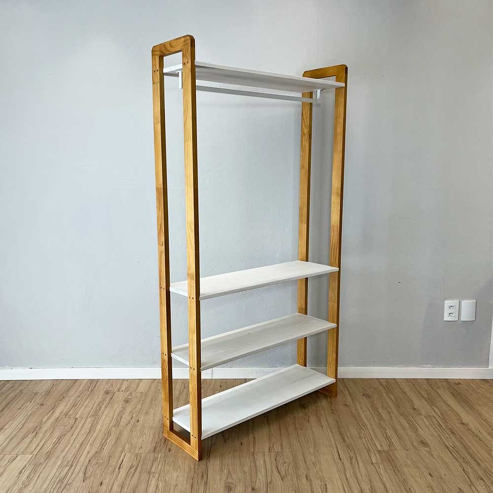 10 arara de roupas de madeira pinus linea ample branco e nozes