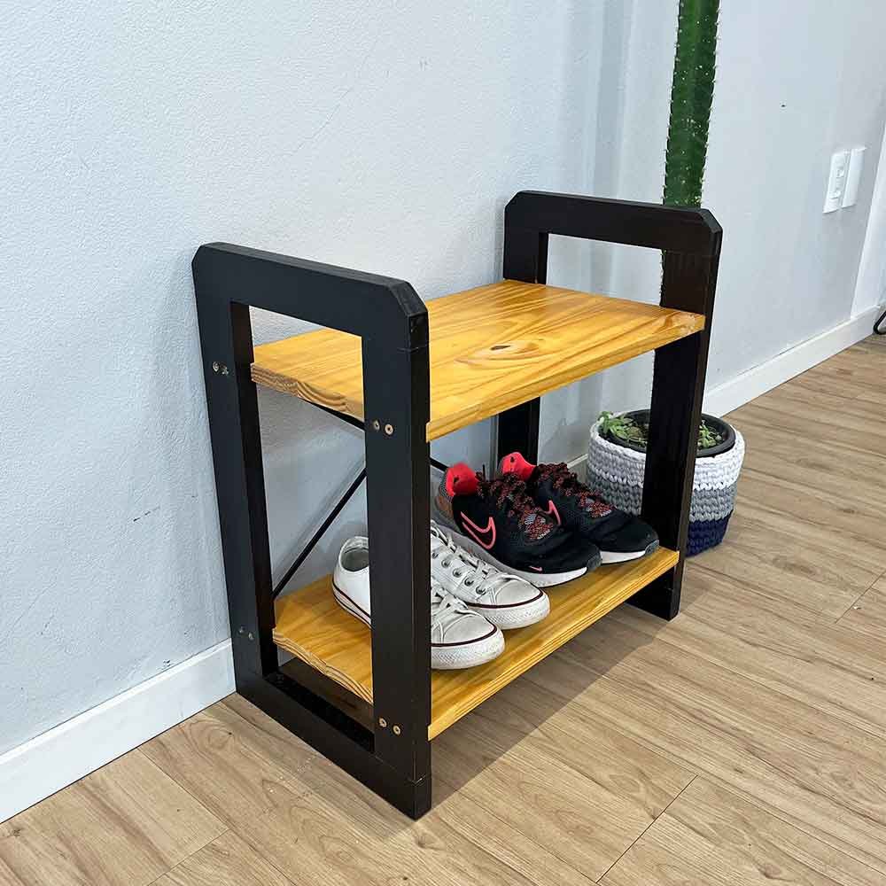 sapateira banco de madeira pinus linea nozes e preto