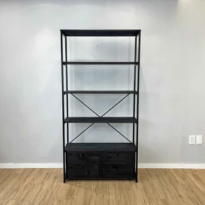 estante style de ferro e madeira ample 6 prateleiras com 2 gaveteiros industrial preto2