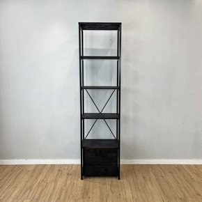 estante de ferro e madeira slim 6 prateleiras industrial com 1 gaveteiro style preto frontal