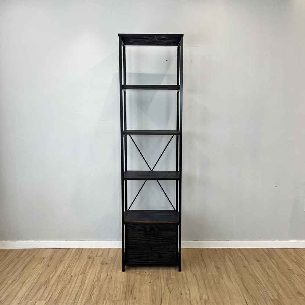 estante style de ferro e madeira slim 6 prateleiras industrial com 1 gaveteiro preto7