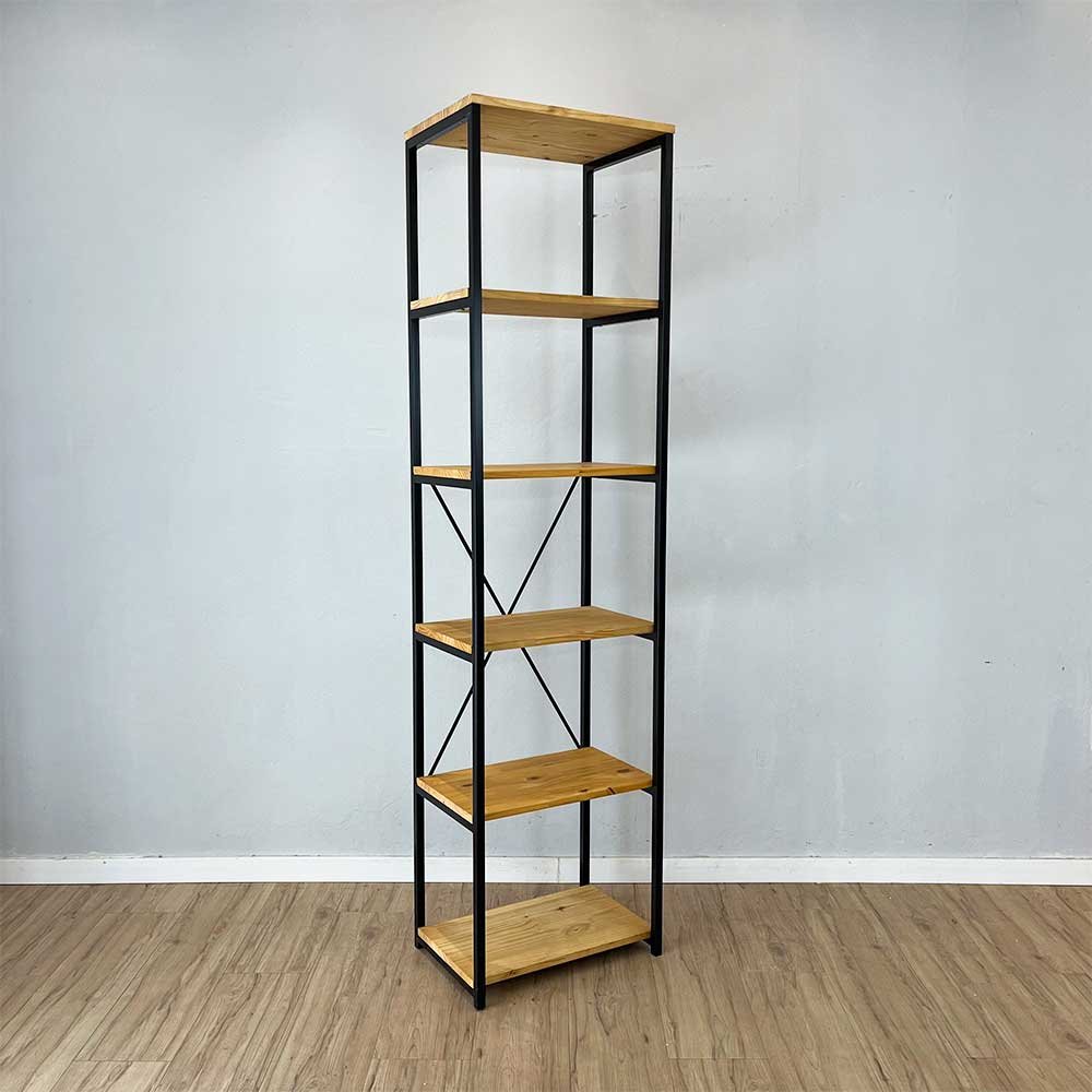 08 estante style de ferro e madeira slim 6 prateleiras industrial nozes e preto