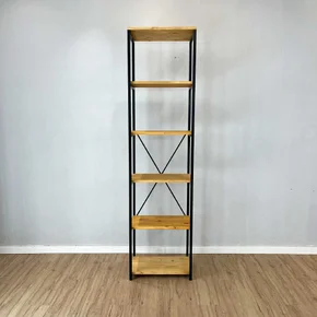 estante de ferro e madeira slim 6 prateleiras industrial style nozes e preto frontal