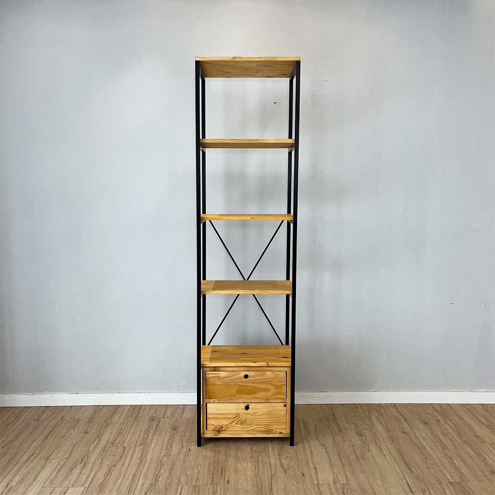 01 estante style de ferro e madeira slim 6 prateleiras industrial com 1 gaveteiro nozes e preto