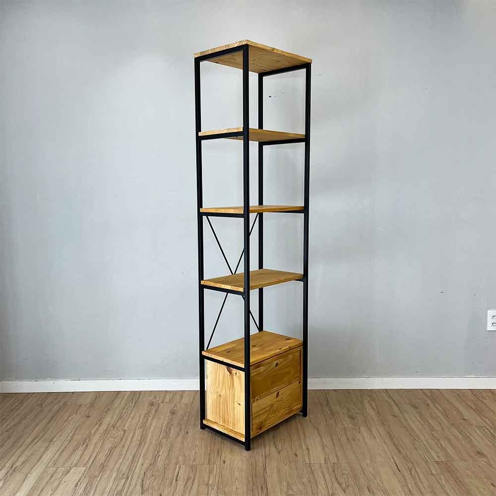 04 estante style de ferro e madeira slim 6 prateleiras industrial com 1 gaveteiro nozes e preto