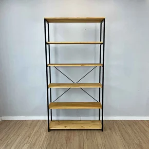 estante de ferro e madeira ample 6 prateleiras industrial style nozes e preto frontal