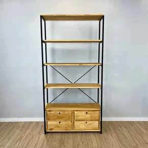 estante de ferro e madeira ample 6 prateleiras com 2 gaveteiros style industrial nozes e preto frontal