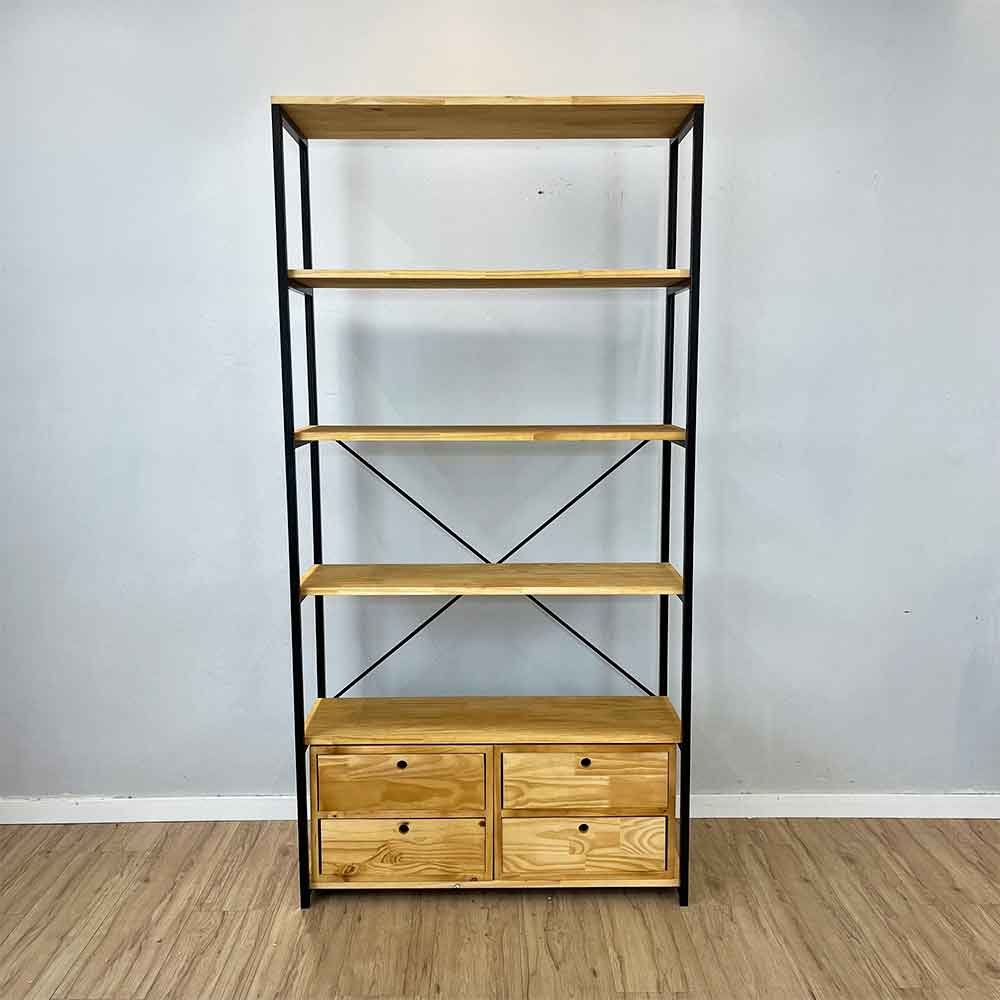 02 estante style de ferro e madeira ample 6 prateleiras com 2 gaveteiros industrial nozes e preto