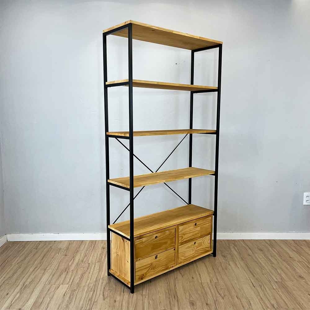 04 estante style de ferro e madeira ample 6 prateleiras com 2 gaveteiros industrial nozes e preto