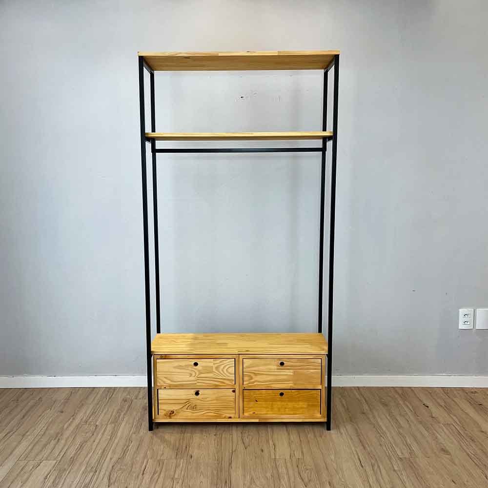 05 arara de roupas industrial ferro e madeira 2 gaveteiros middle style ample nozes e preto