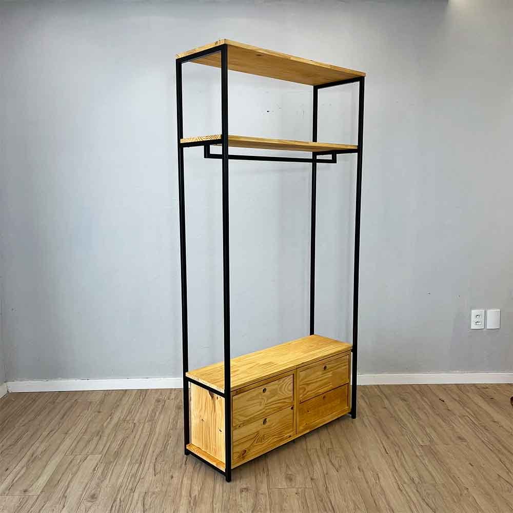 06 arara de roupas industrial ferro e madeira 2 gaveteiros middle style ample nozes e preto