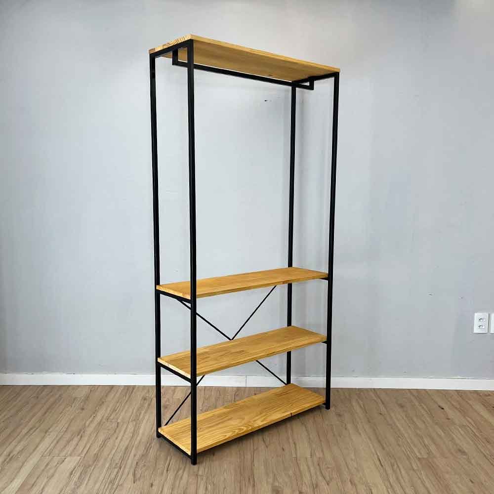 06 arara de roupas industrial ferro e madeira high style ample nozes e preto
