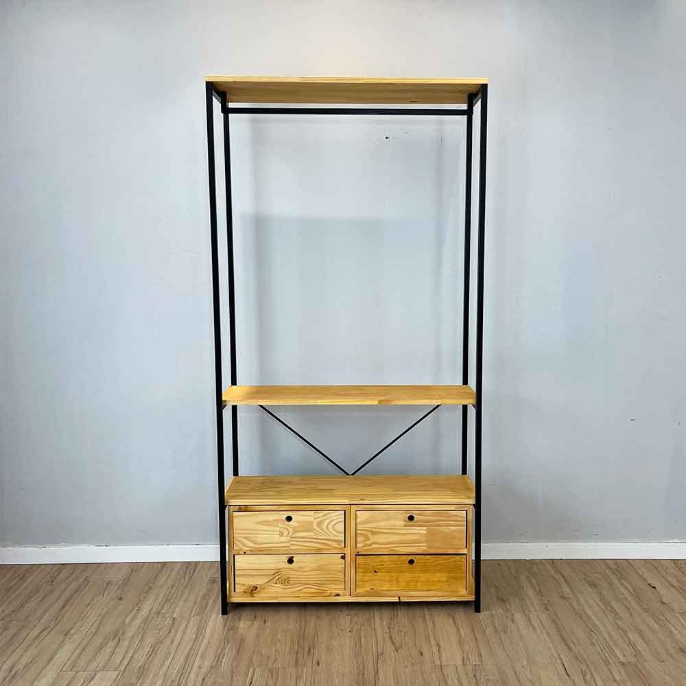 02 arara de roupas industrial ferro e madeira 2 gaveteiros high style ample nozes e preto