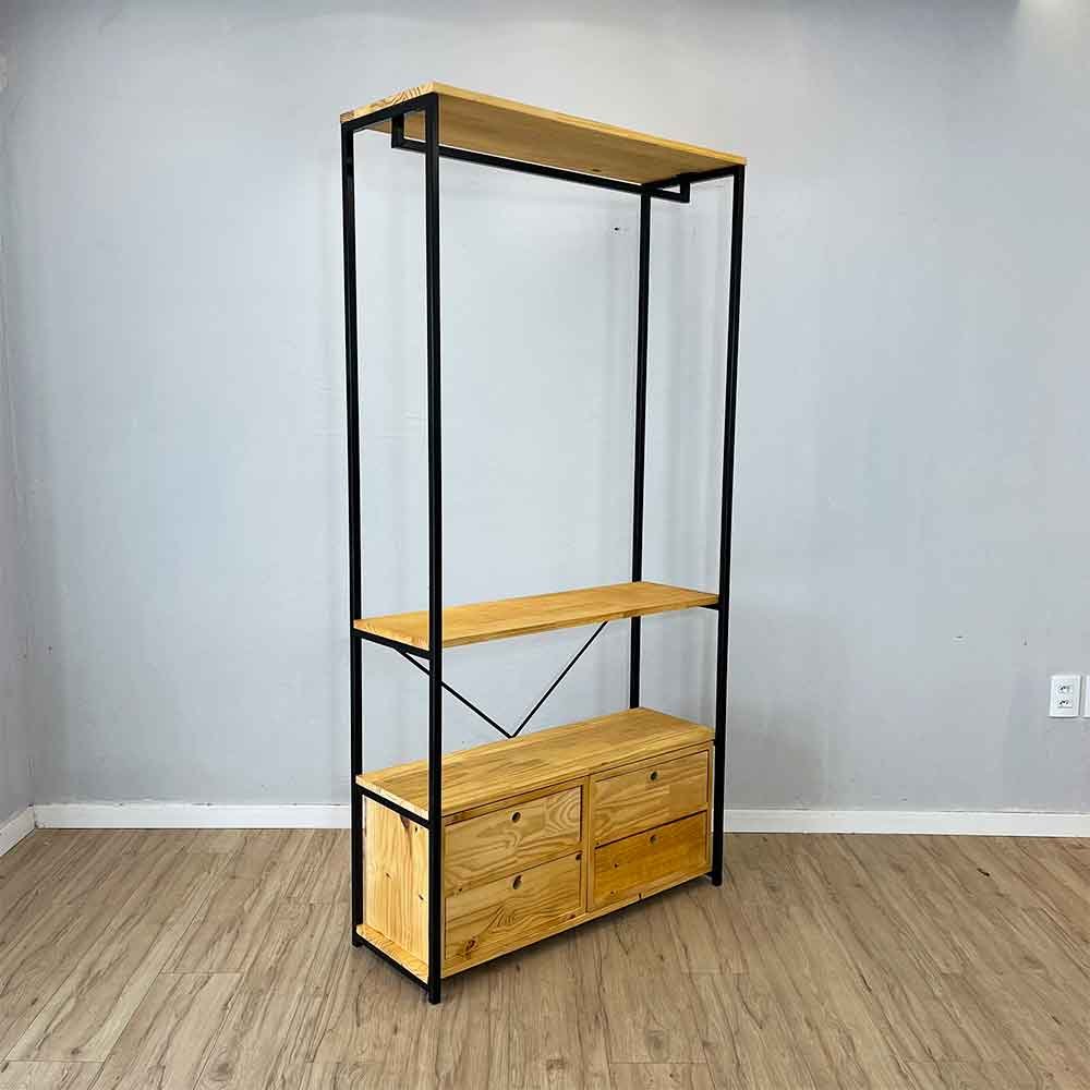 06 arara de roupas industrial ferro e madeira 2 gaveteiros high style ample nozes e preto