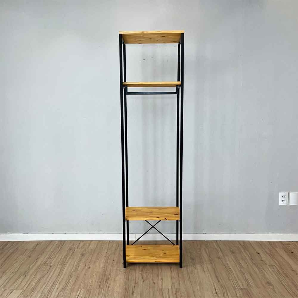 06 arara de roupas ferro e madeira industrial middle style slim nozes e preto
